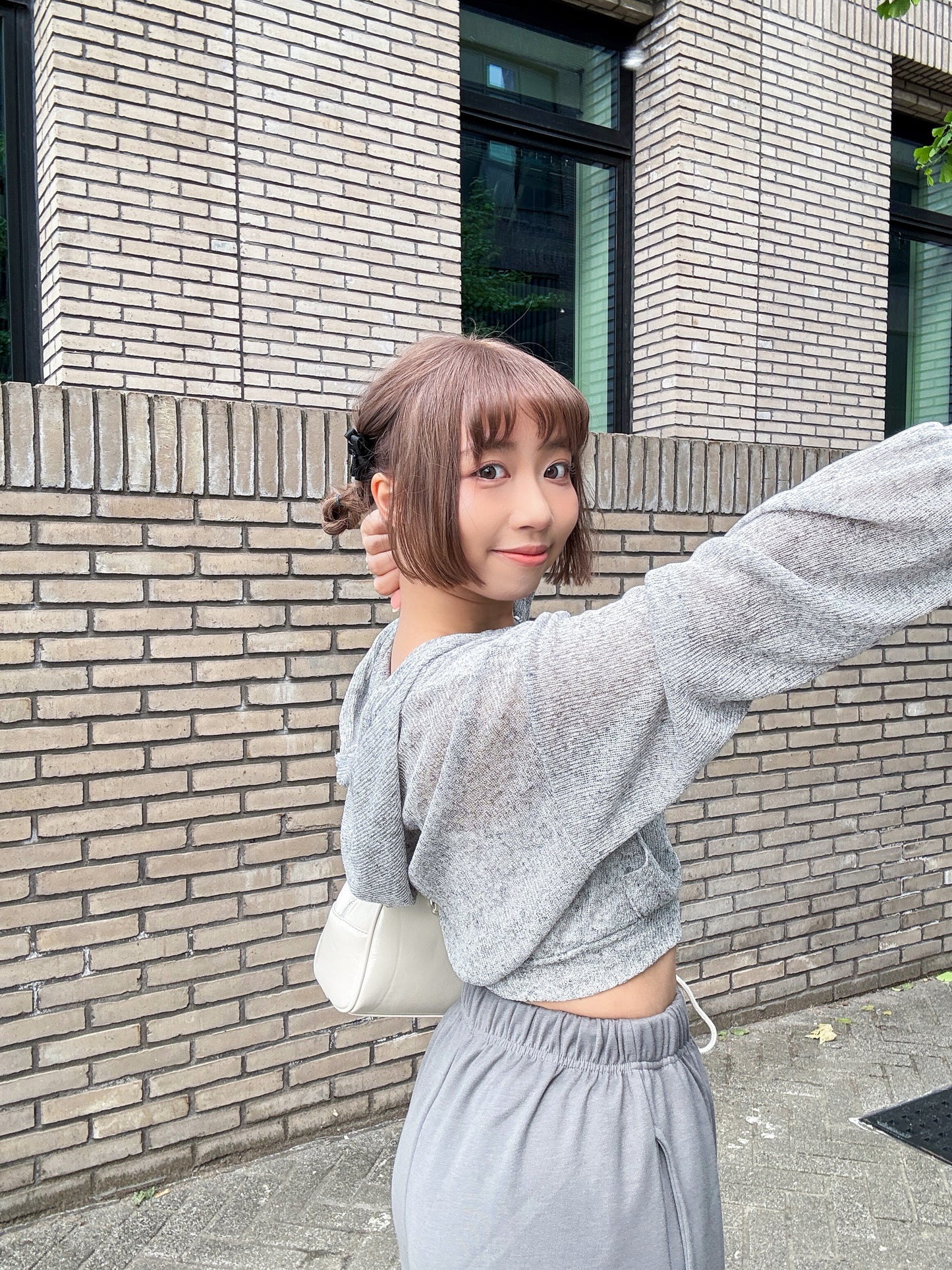 Summer Balloon Sleeves Crop Hooded Zip Up Cardigan (Grey)