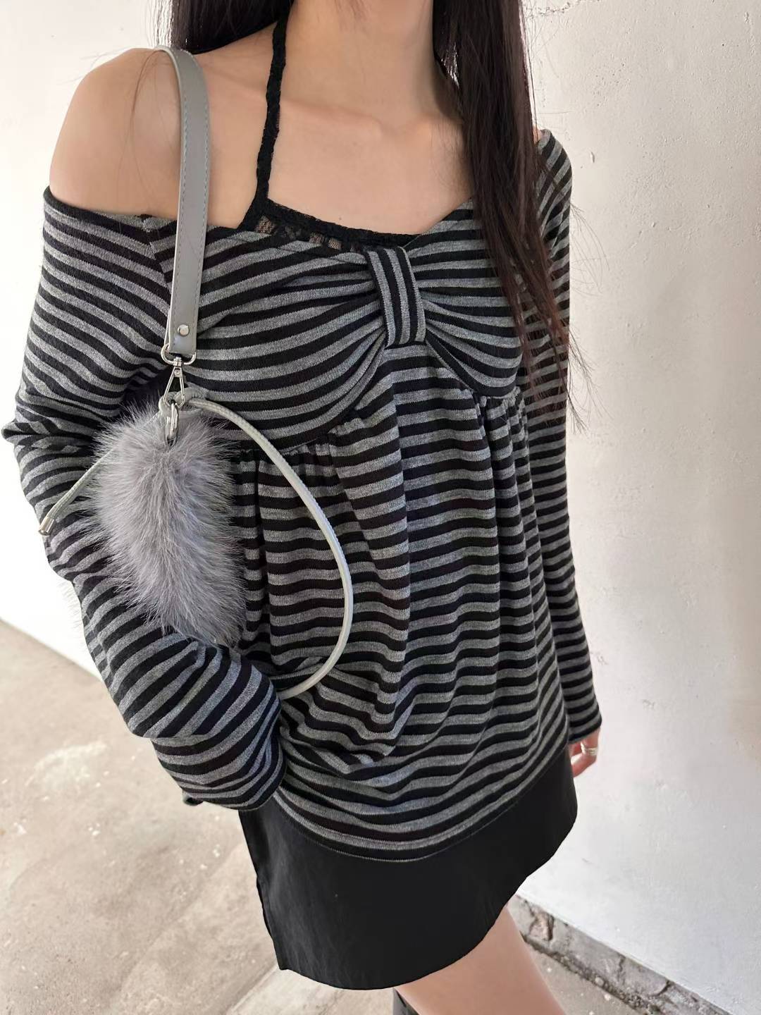(DEC NEW) Ribbon Chest Design Off Shoulder Striped Top