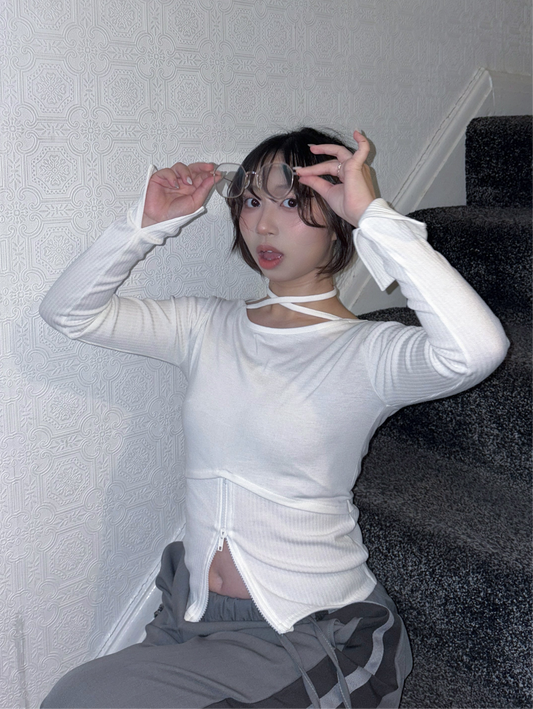 Y2k Neck Strap Zipper Long Sleeve T-shirt (2 Colours)