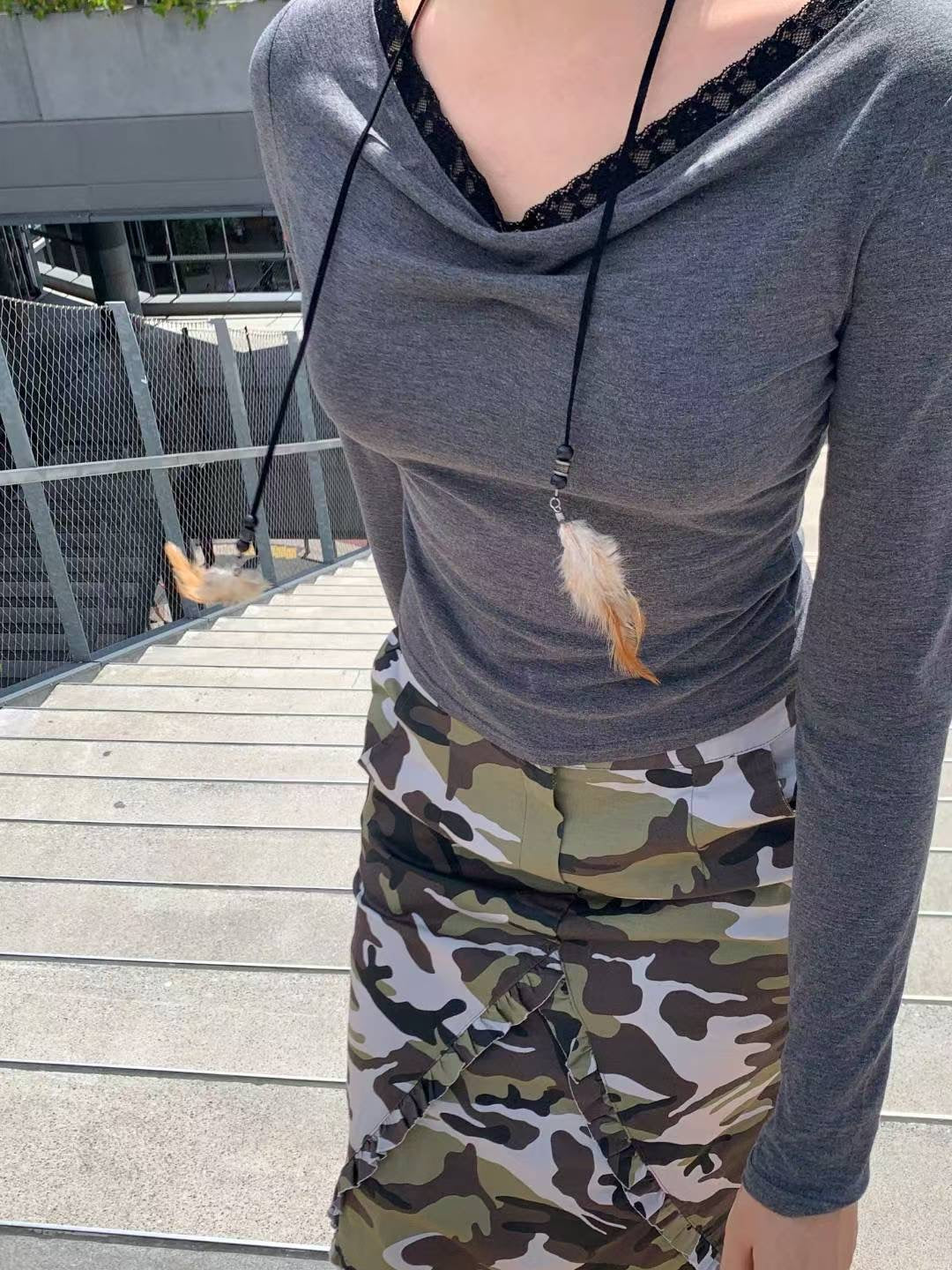 (Preorder) Shirred Lace Slim Drape Layered Long-Sleeve T-shirt (3 Colours)