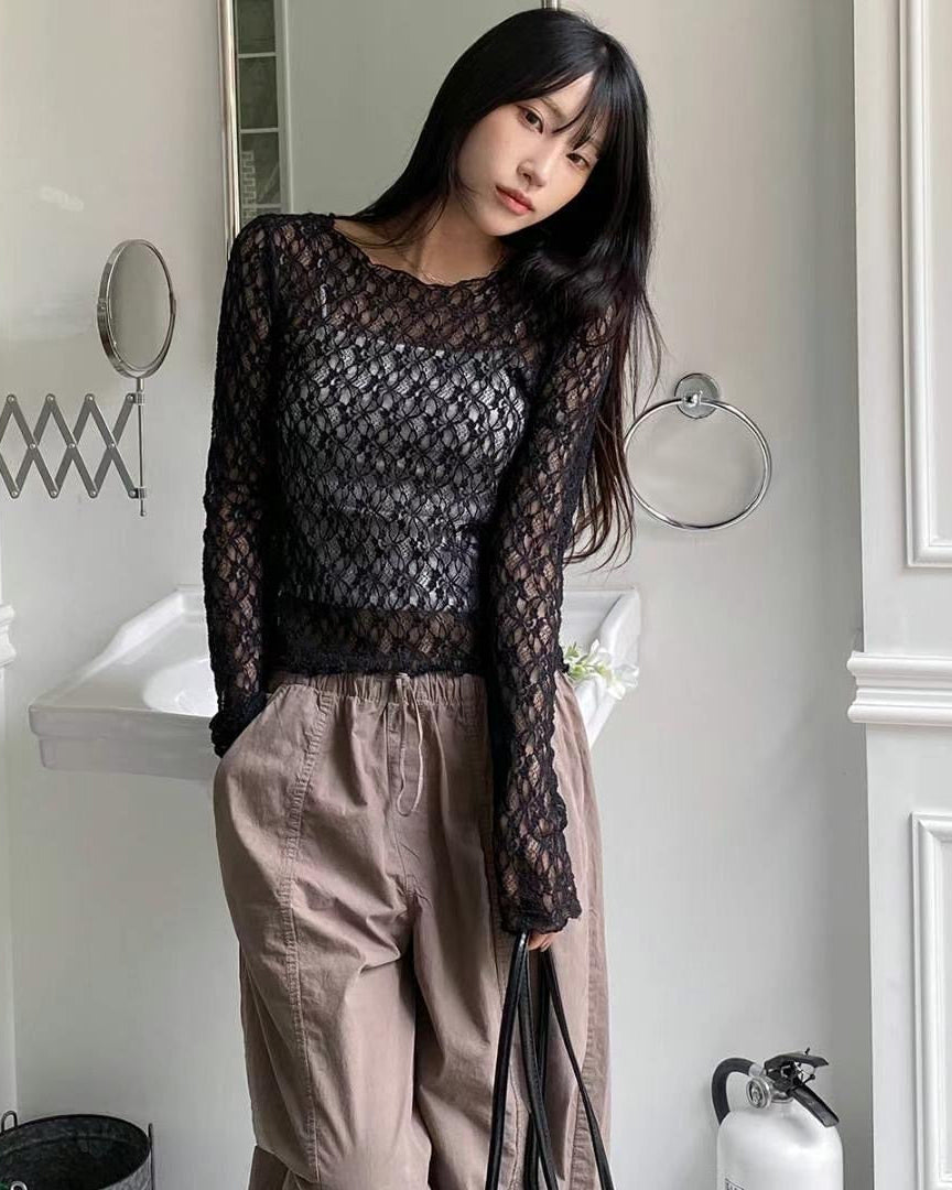 Sheer Lacy Slight Cropped Ballet Floral Tee (2 Colours)