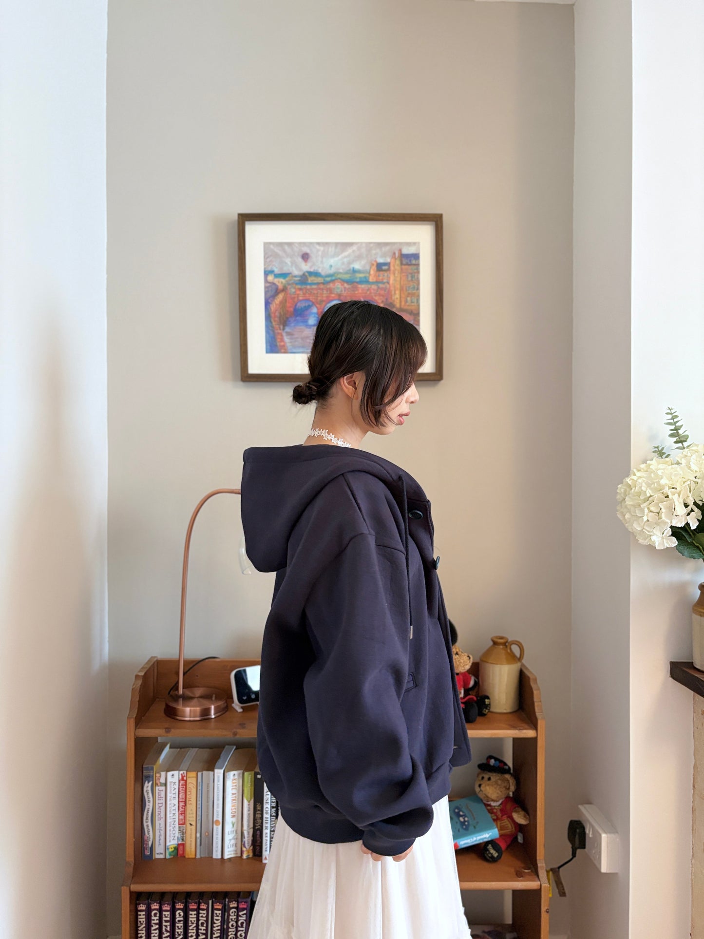 Oversized Double-Knit Button Hood Zip-Up (Navy White Preorder)