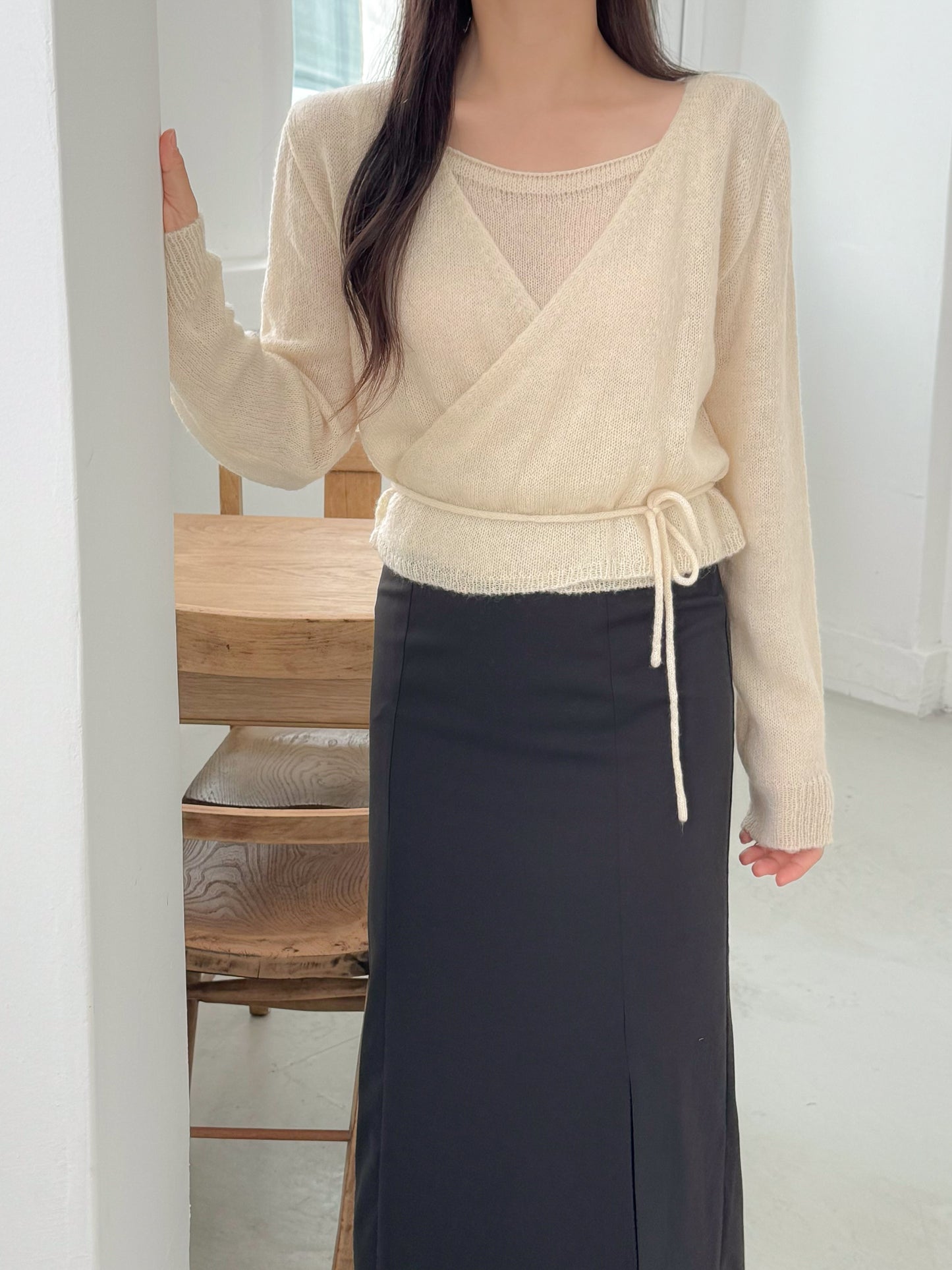 Knit Sleeveless Top and Cardigan Tie Set (Ivory)