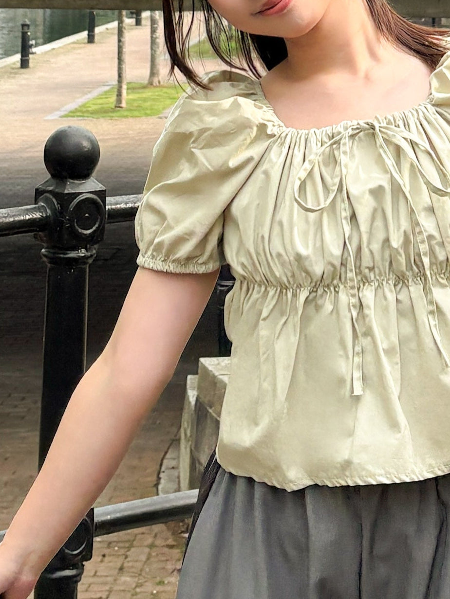 Puff Ruffle Ribbon Cropped Short Sleeve Blouse