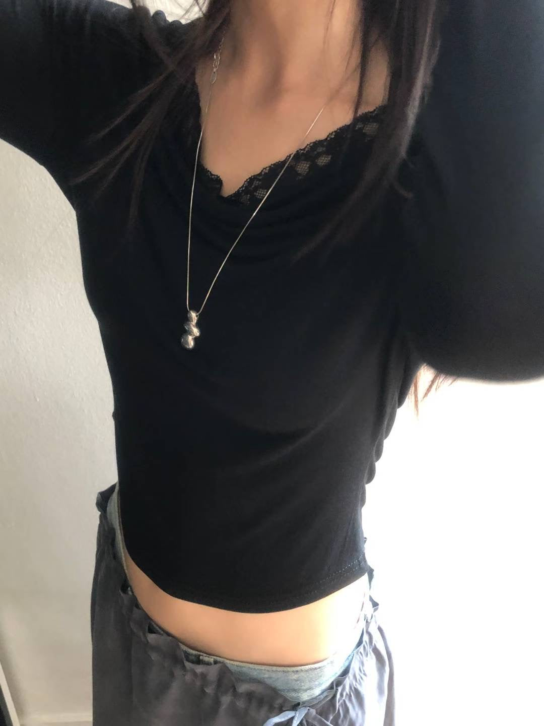 (Preorder) Shirred Lace Slim Drape Layered Long-Sleeve T-shirt (3 Colours)