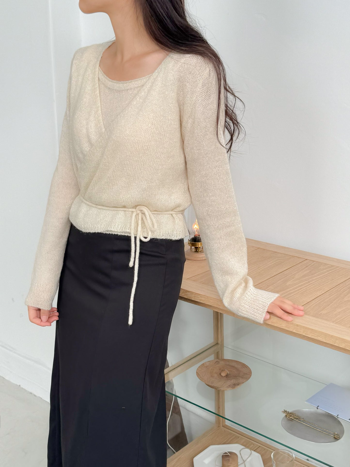 Knit Sleeveless Top and Cardigan Tie Set (Ivory)