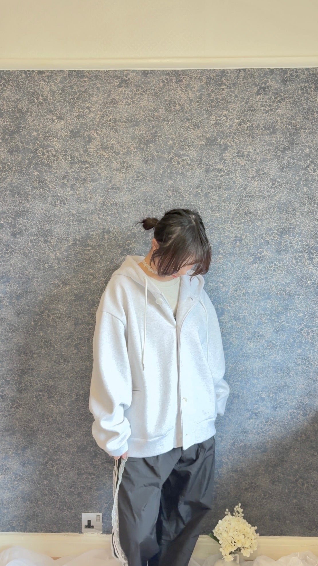 Oversized Double-Knit Button Hood Zip-Up (Navy White Preorder)