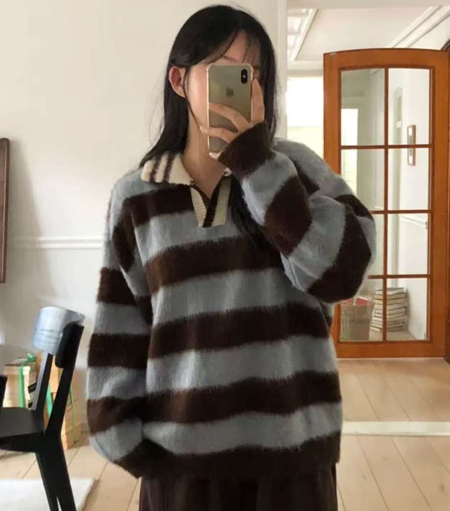 (Preorder) Unisex Collar Brush Striped Knitwear