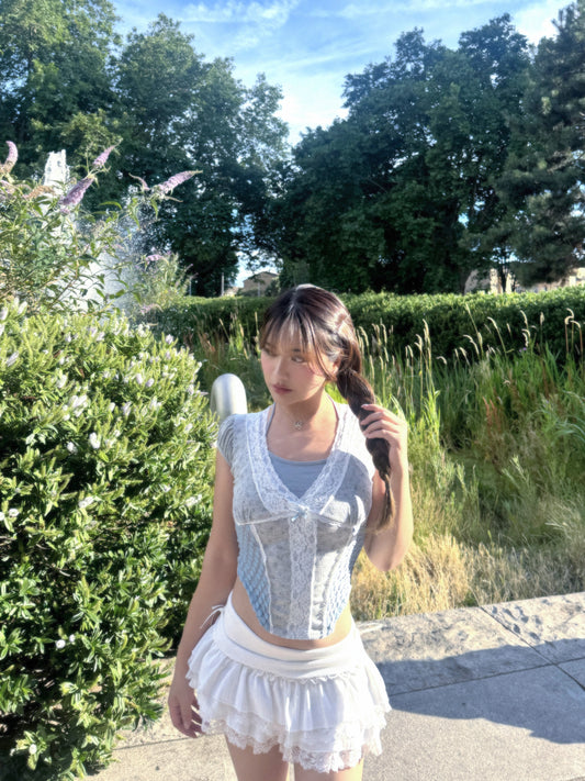 Fairycore Floral Lace Detail Panel Tee (Grey)