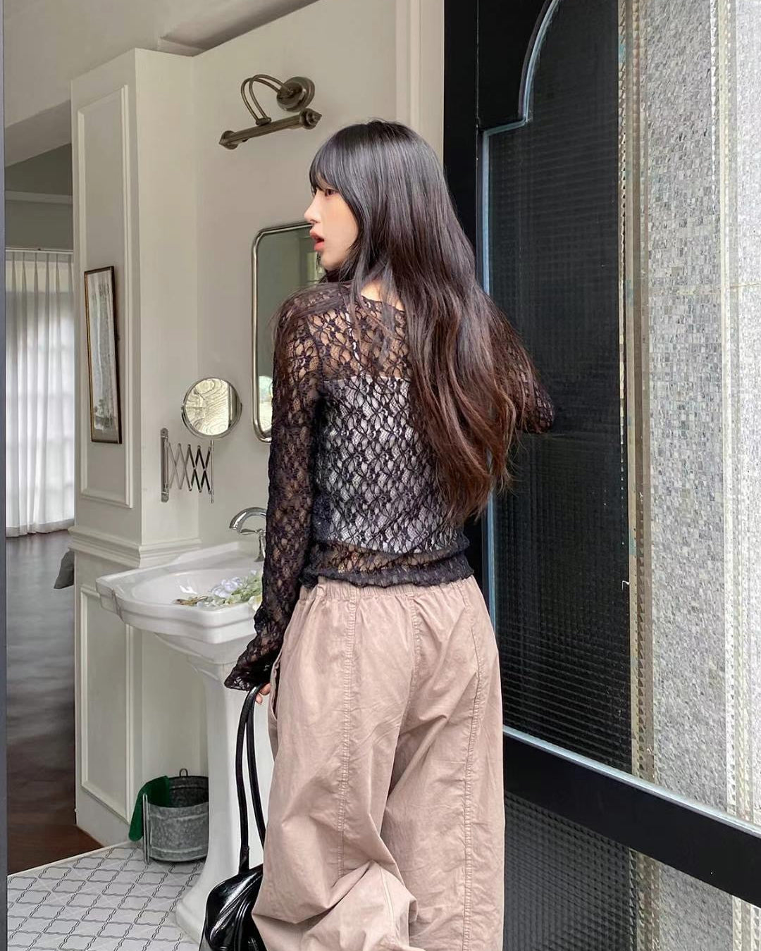 Sheer Lacy Slight Cropped Ballet Floral Tee (2 Colours)