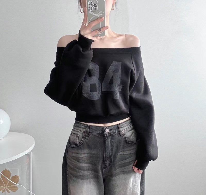 84 Raglan Off-Shoulder Crop Sweatshirt (Ink Grey)