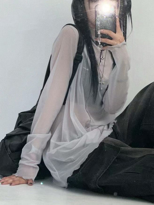 Long mesh high neck layered sheer long sleeve Top