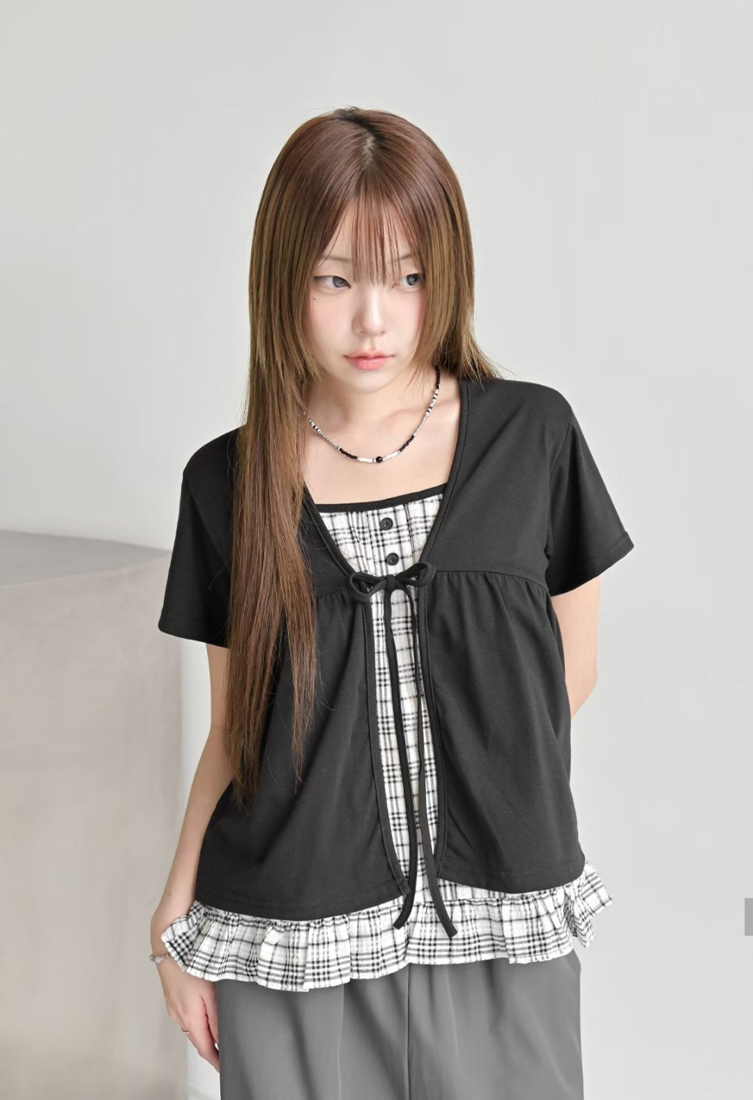 Pretty Check Color Layer Fake Cardigan Top