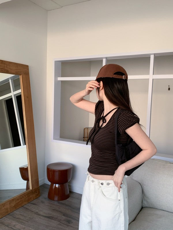 Casual Girly Striped Ribbon T-Shirt