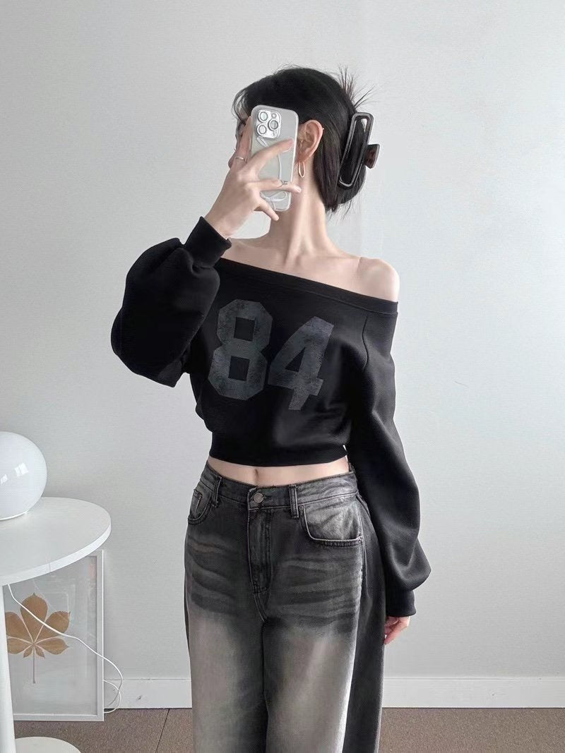 84 Raglan Off-Shoulder Crop Sweatshirt (Ink Grey)