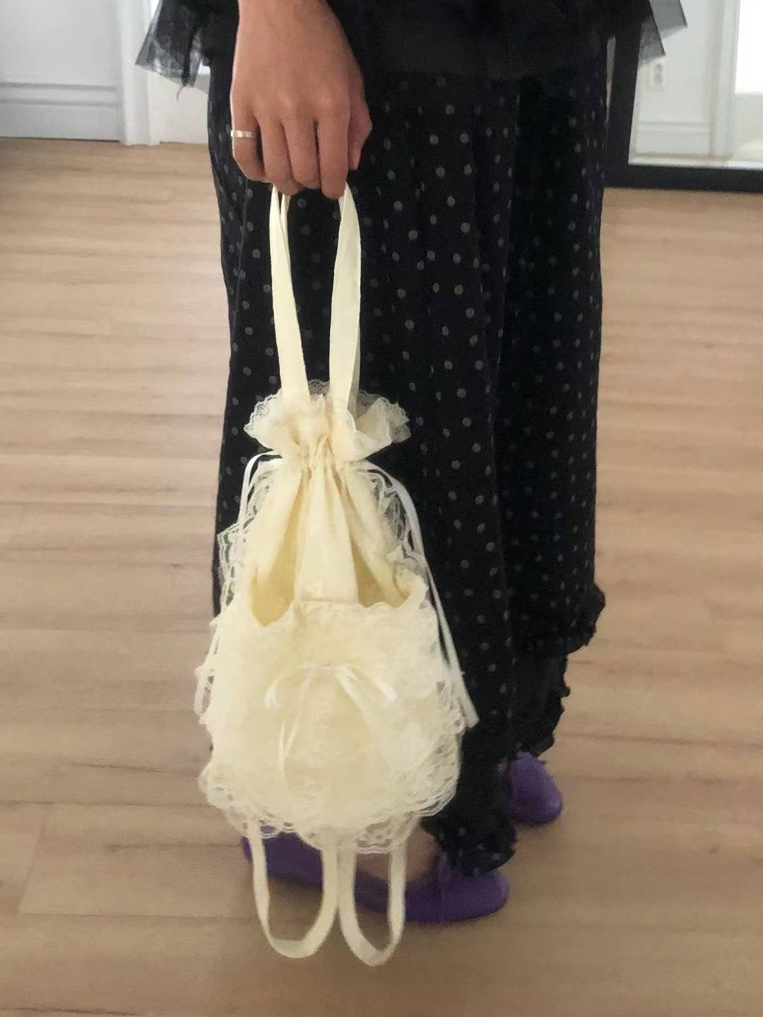 (Preorder) Princess Bag Lace Frill Ribbon Backpack (Beige)