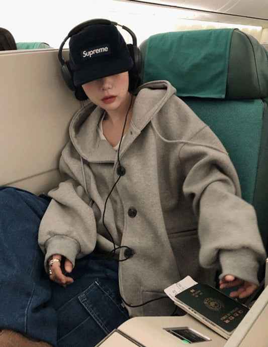 Oversized Double-Knit Button Hood Zip-Up