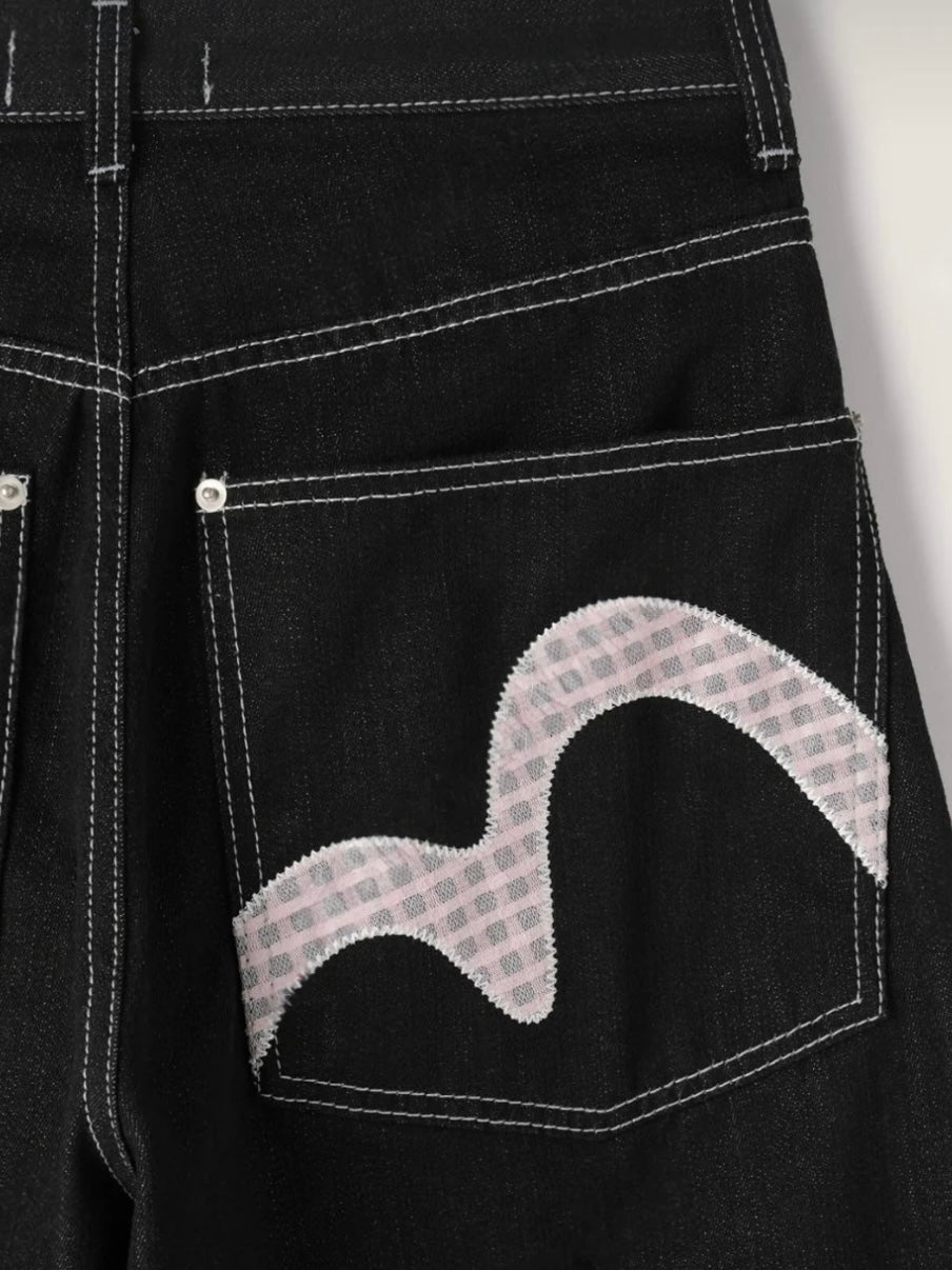 Pink Pattern Threads Black Denim Jeans