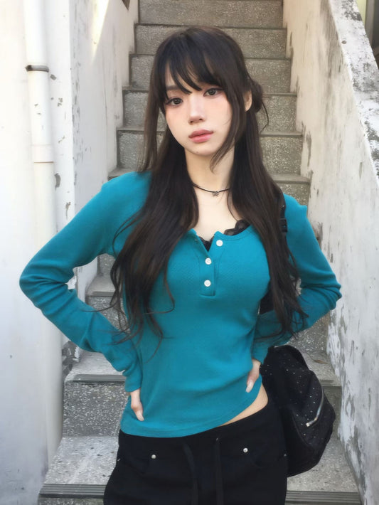 Spring Eyelet Punching Basic henley neck T-shirt