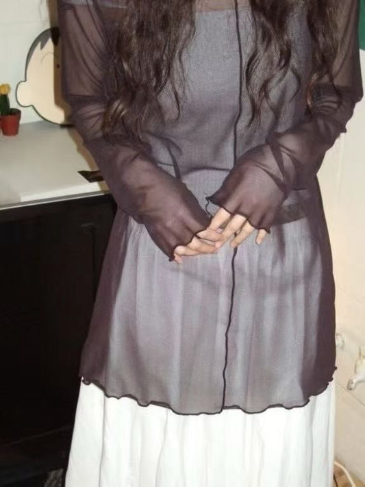 (Preorder) Long mesh high neck layered sheer long sleeve Top