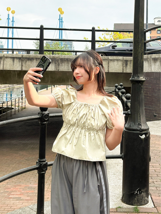 Puff Ruffle Ribbon Cropped Short Sleeve Blouse