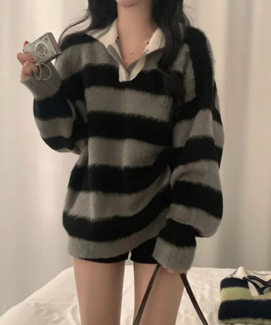 (Preorder) Unisex Collar Brush Striped Knitwear