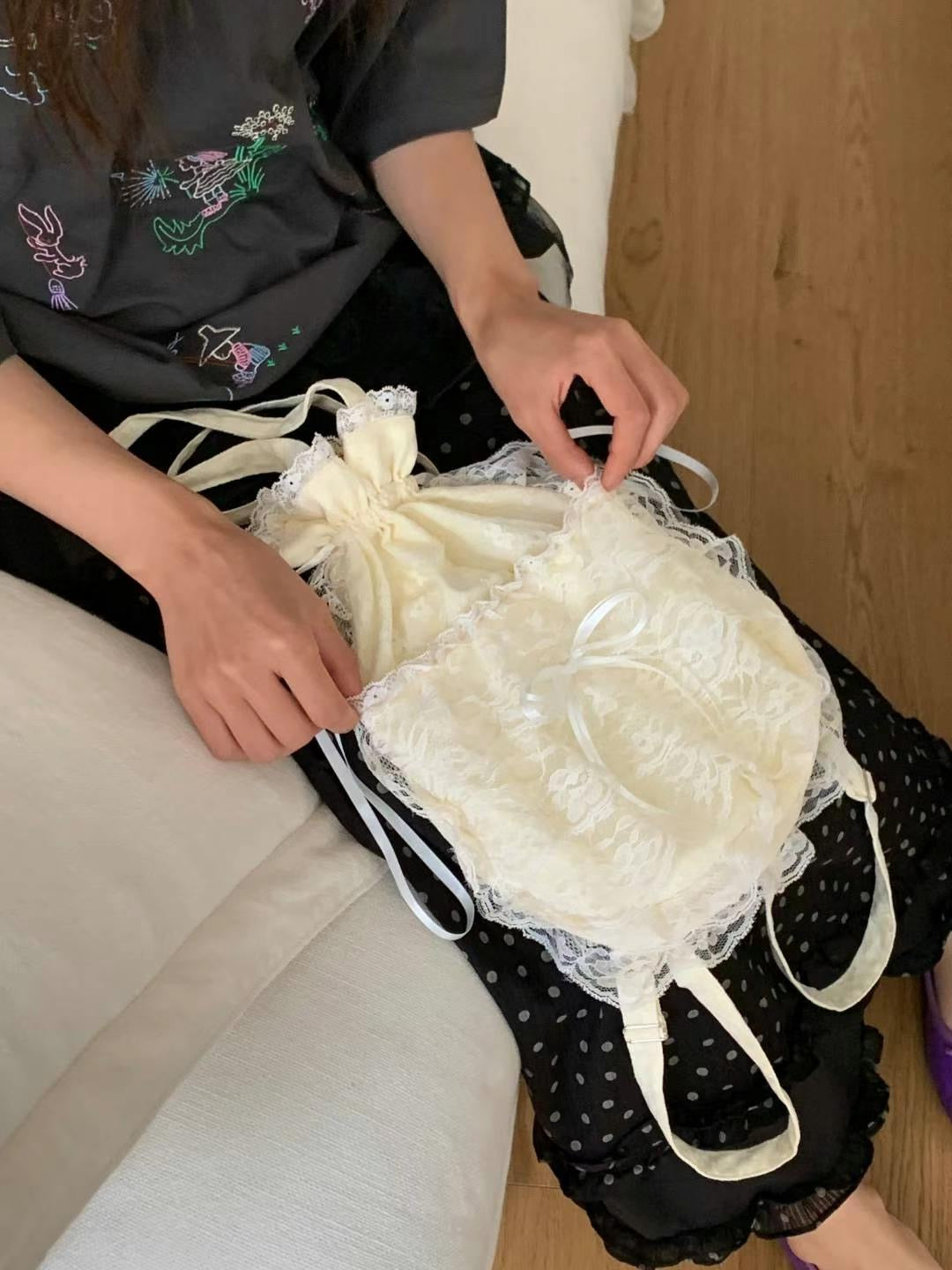 (Preorder) Princess Bag Lace Frill Ribbon Backpack (Beige)