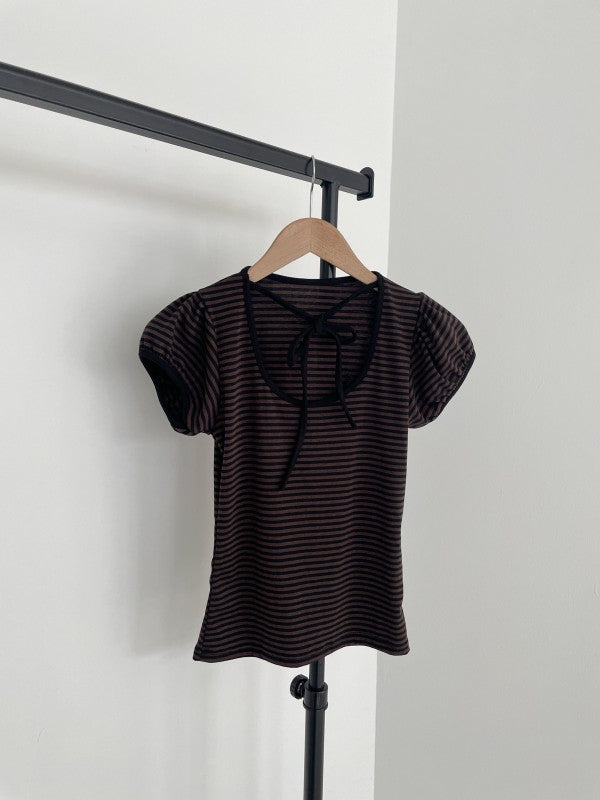 Casual Girly Striped Ribbon T-Shirt