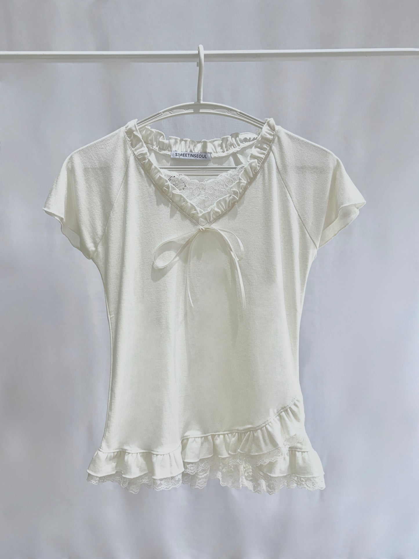 Elegant Balletcore Frill Lace Ribbon Top (White)