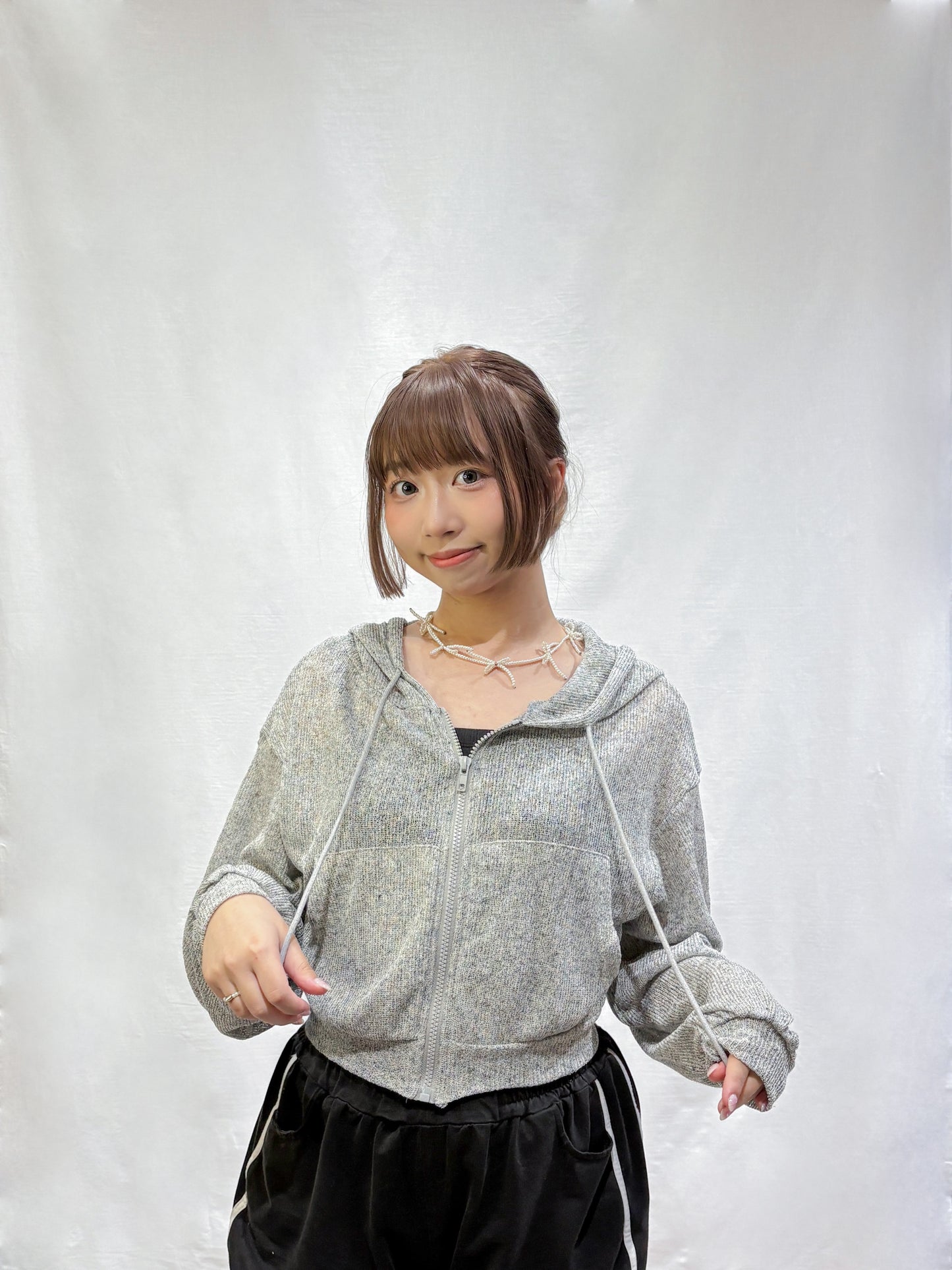 Summer Balloon Sleeves Crop Hooded Zip Up Cardigan (Grey)