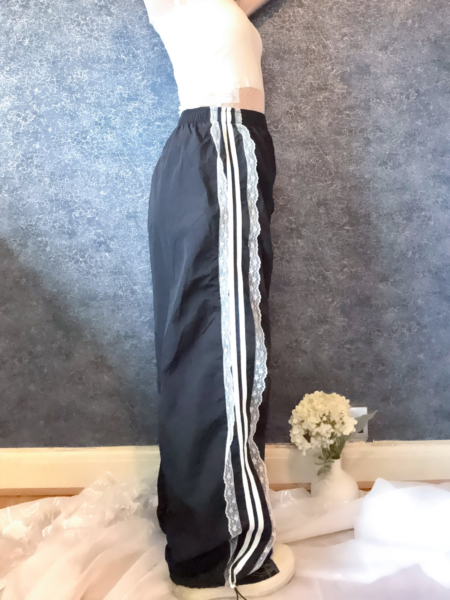 Mave Y2K Lace-Panel Wide-Leg Trousers