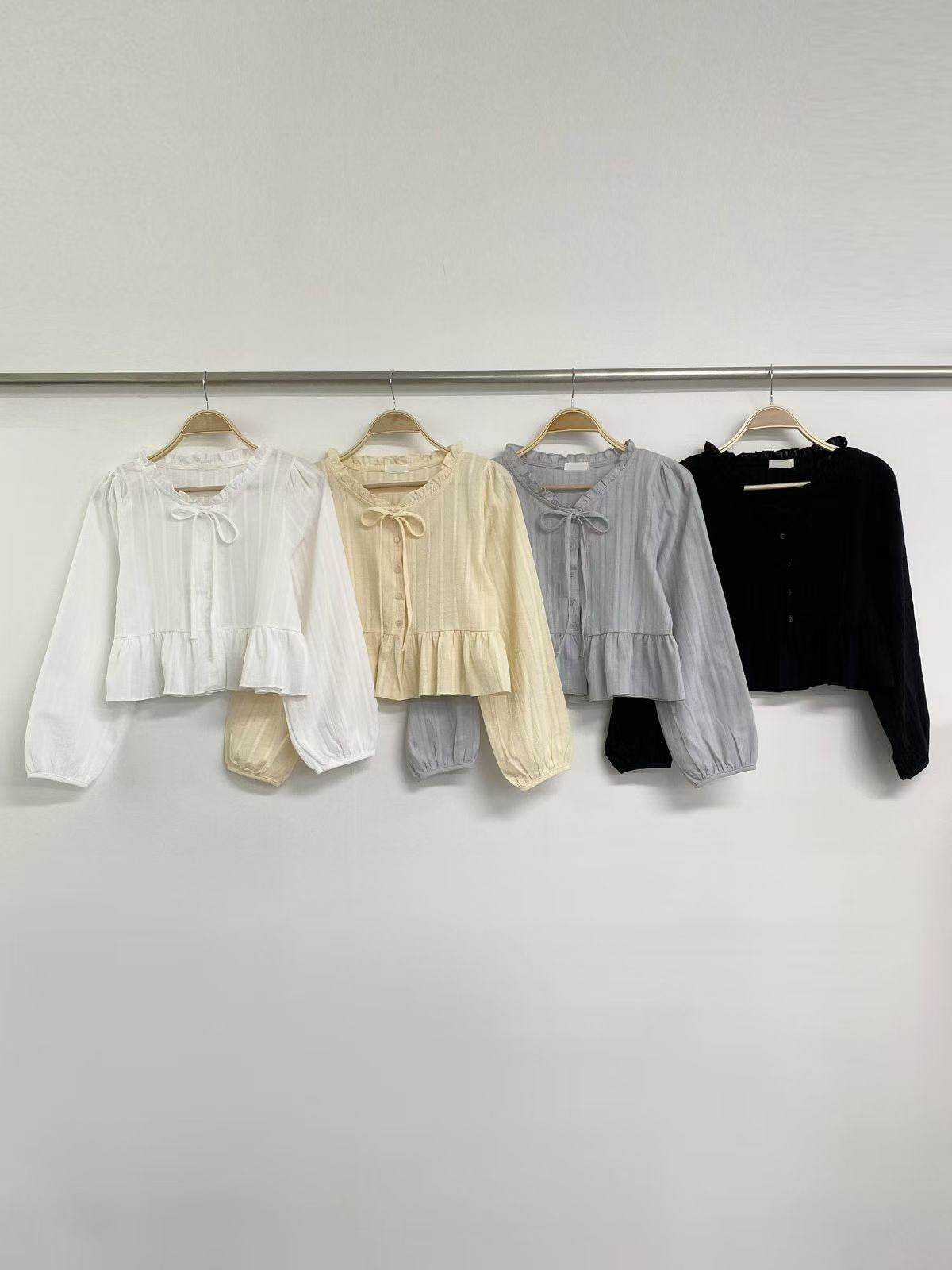 Ruffle Hem Long Sleeve Blouse with Ties