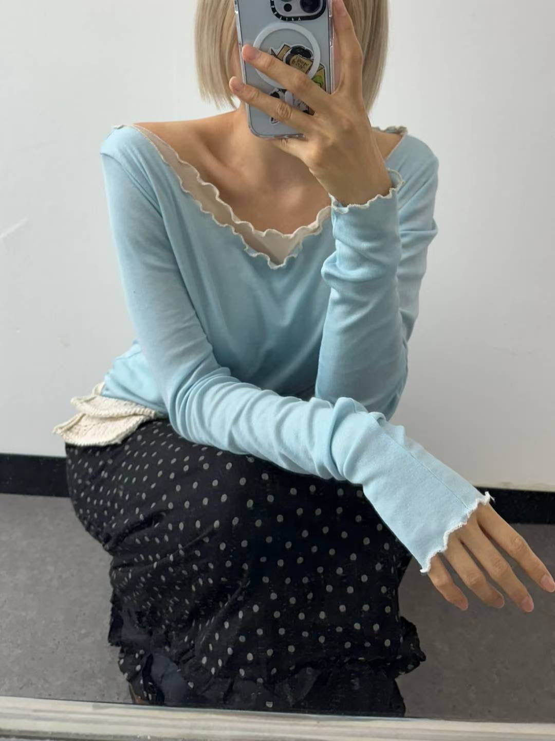 (Preorder) Contrast Off-shoulder Loose-fit Drape Layered Frill Long-sleeve T-shirt