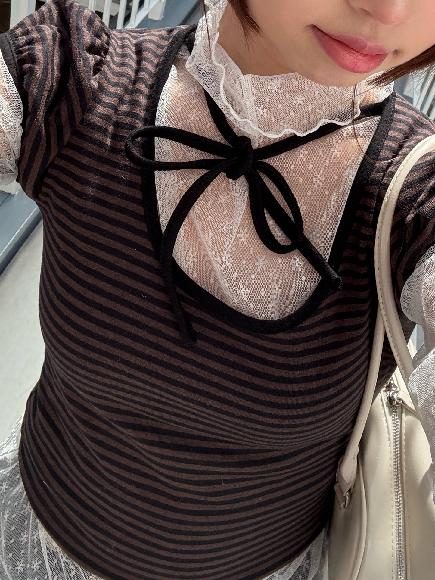 Casual Girly Striped Ribbon T-Shirt