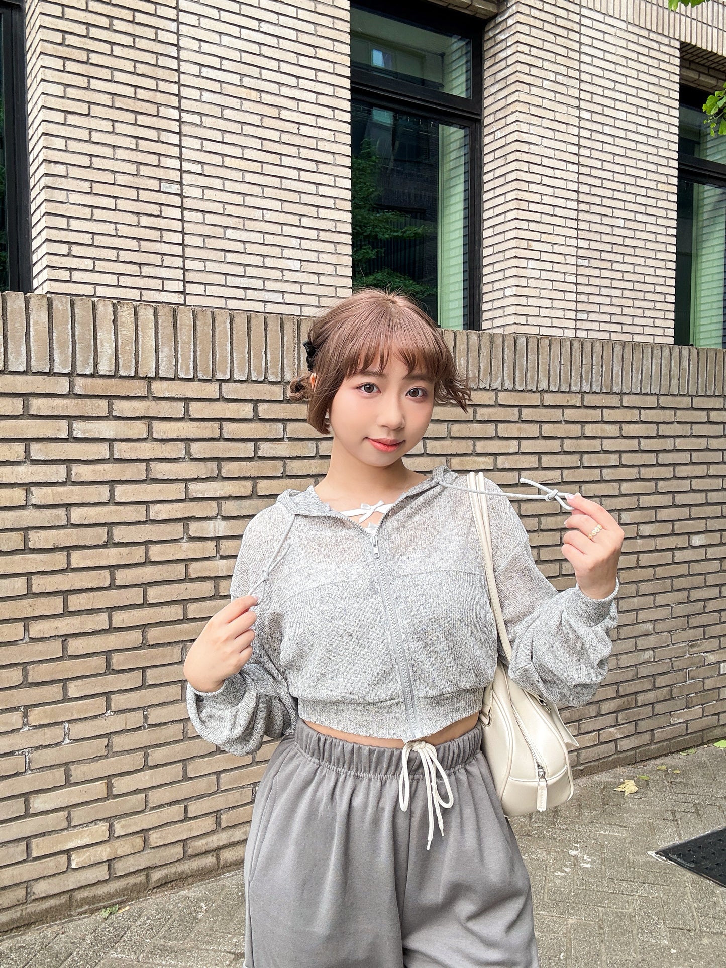 Summer Balloon Sleeves Crop Hooded Zip Up Cardigan (Grey)