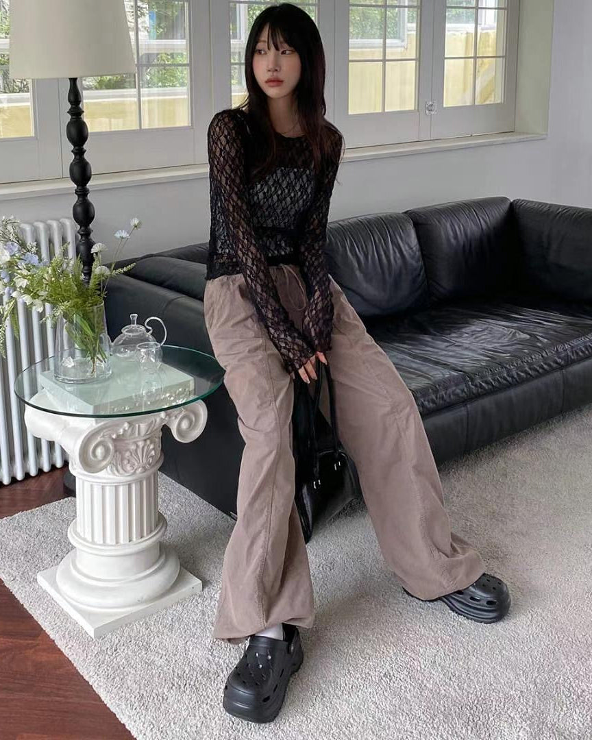 Sheer Lacy Slight Cropped Ballet Floral Tee (2 Colours)