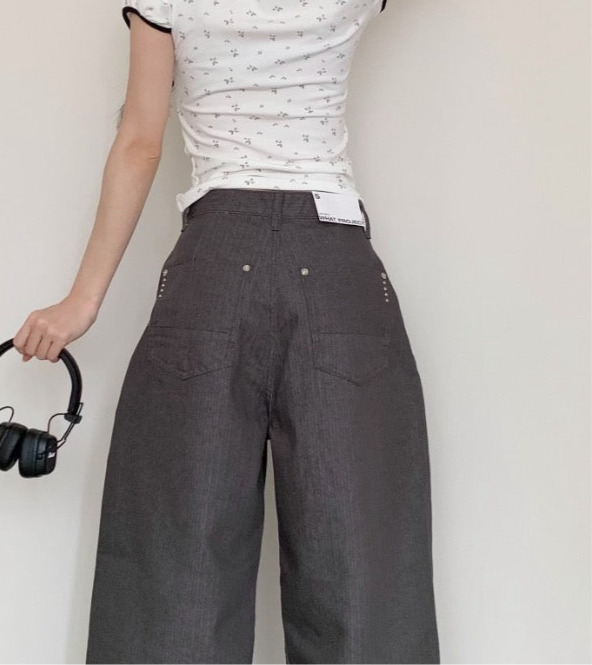 Metal Herringbone Loose Wide Jeans (Gray)