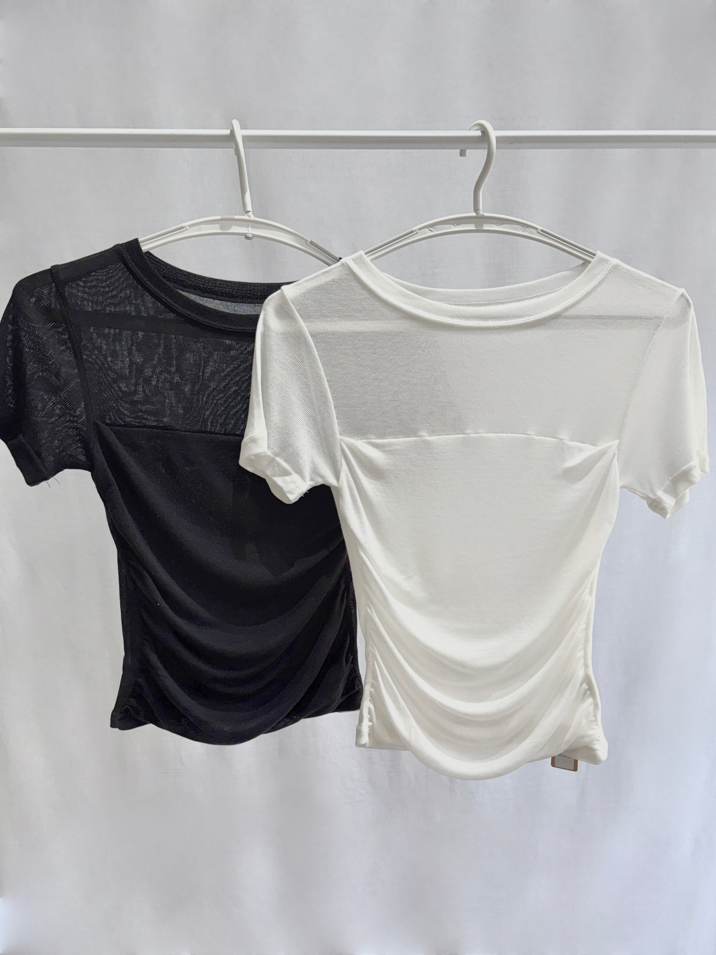 Half Sheer Double Layered Shirring Tee  (2 Colours)