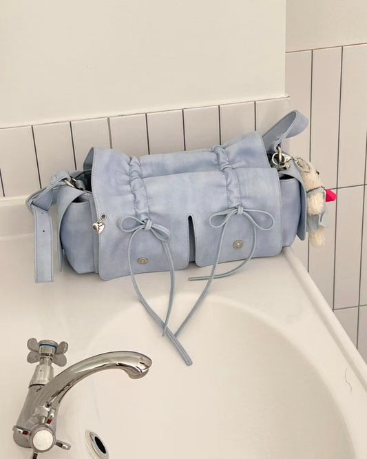 Skyblue Designer Brand Ribbon Leather Shoulder Bag (Large/Mini)