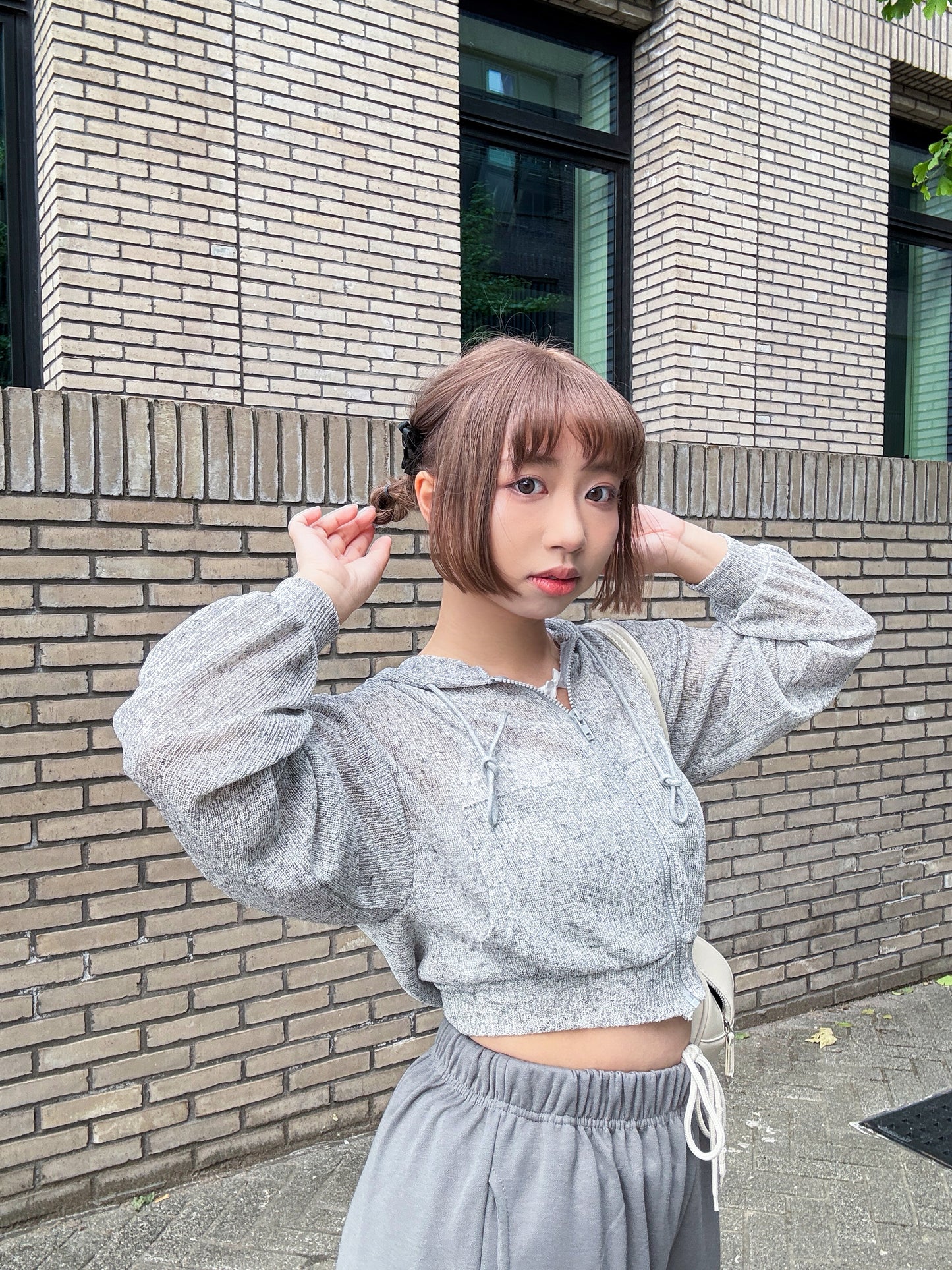 Summer Balloon Sleeves Crop Hooded Zip Up Cardigan (Grey)