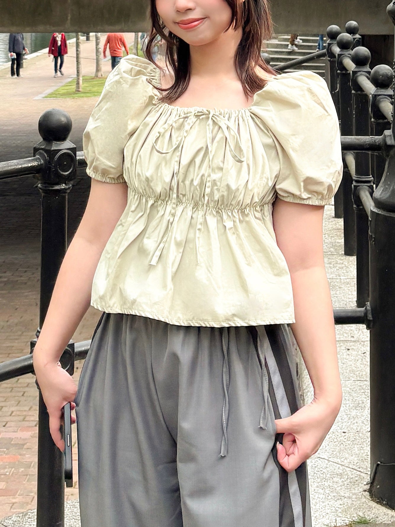 Puff Ruffle Ribbon Cropped Short Sleeve Blouse