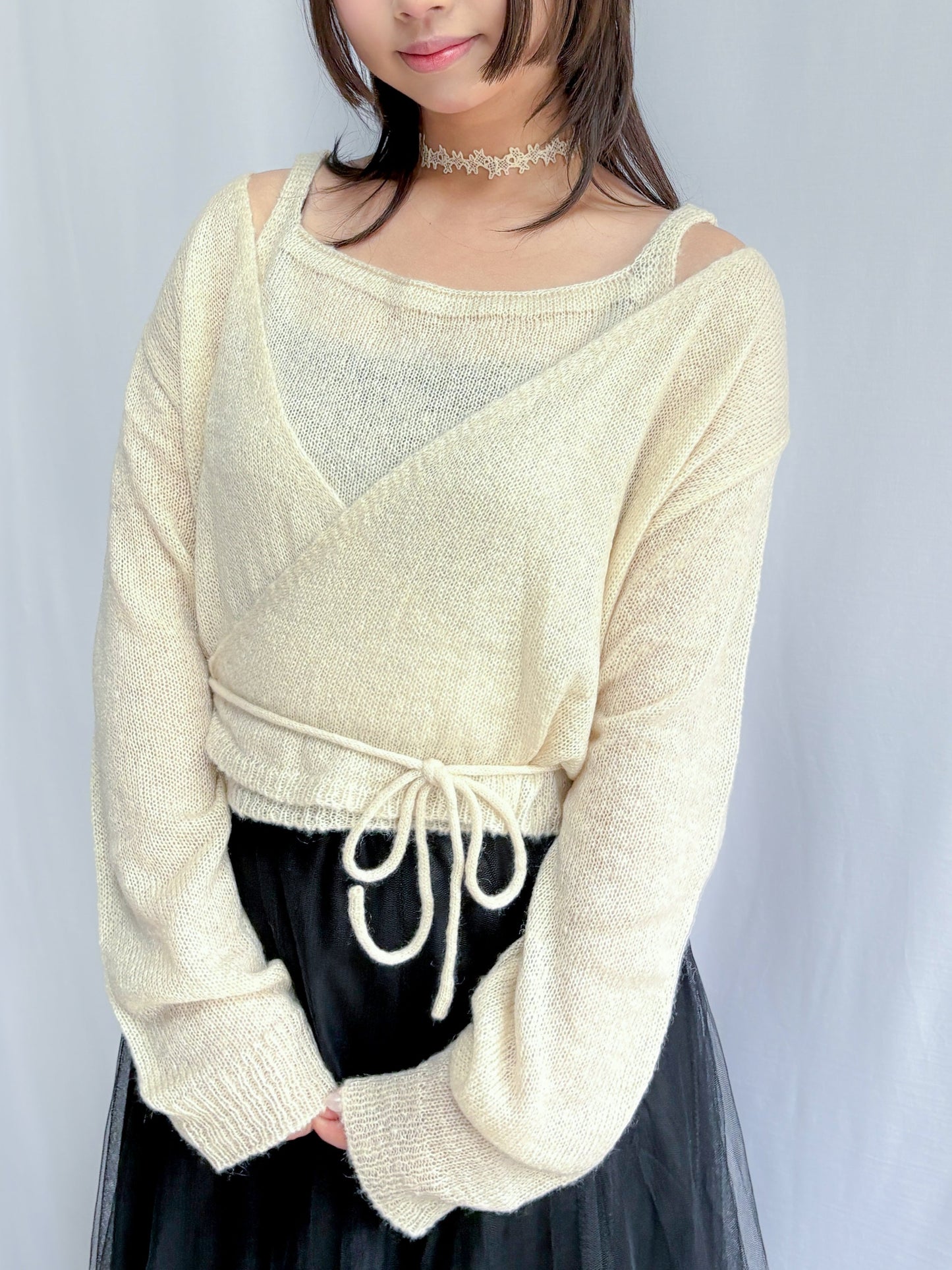 Knit Sleeveless Top and Cardigan Tie Set (Ivory)