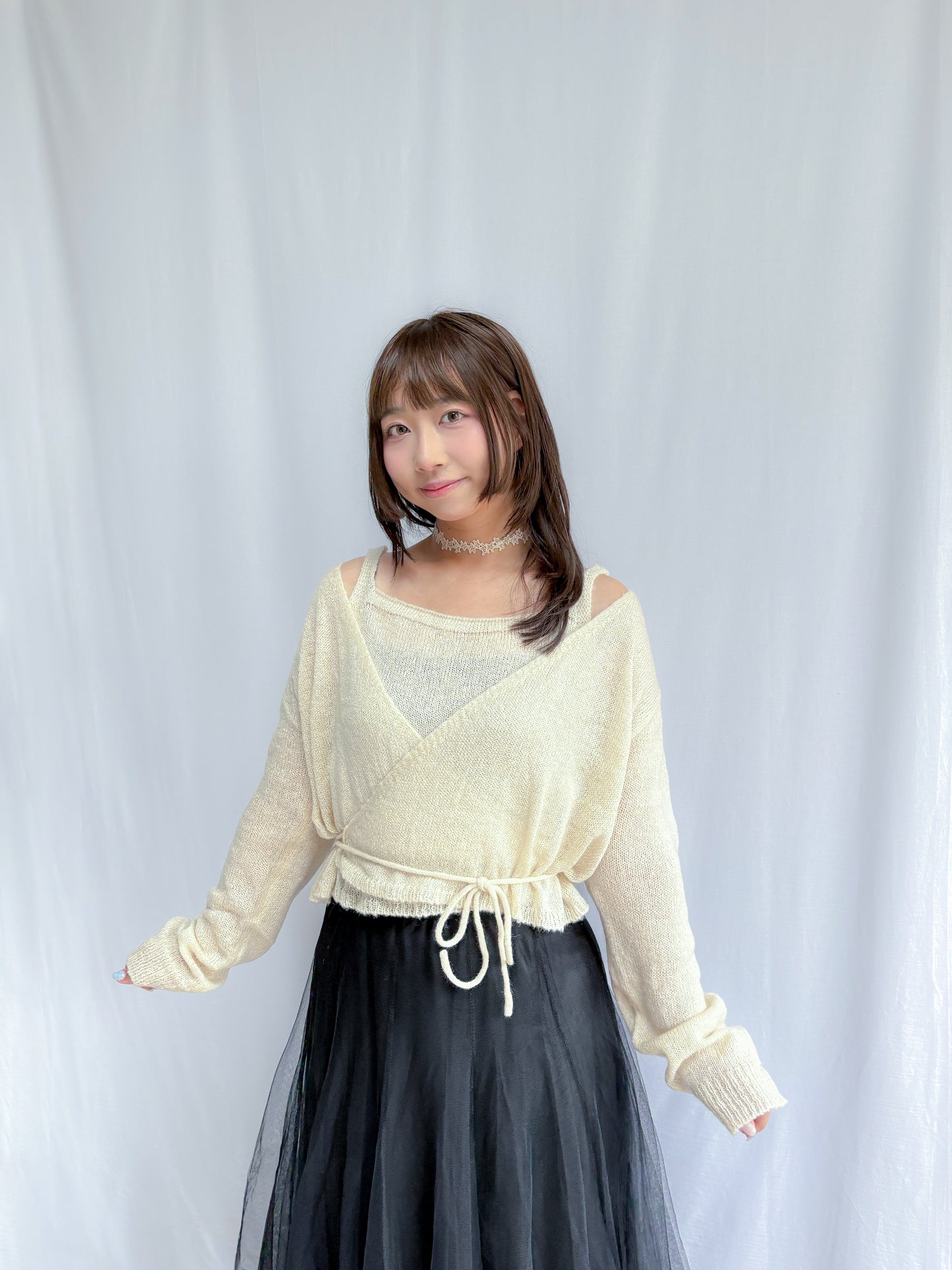 Knit Sleeveless Top and Cardigan Tie Set (Ivory)