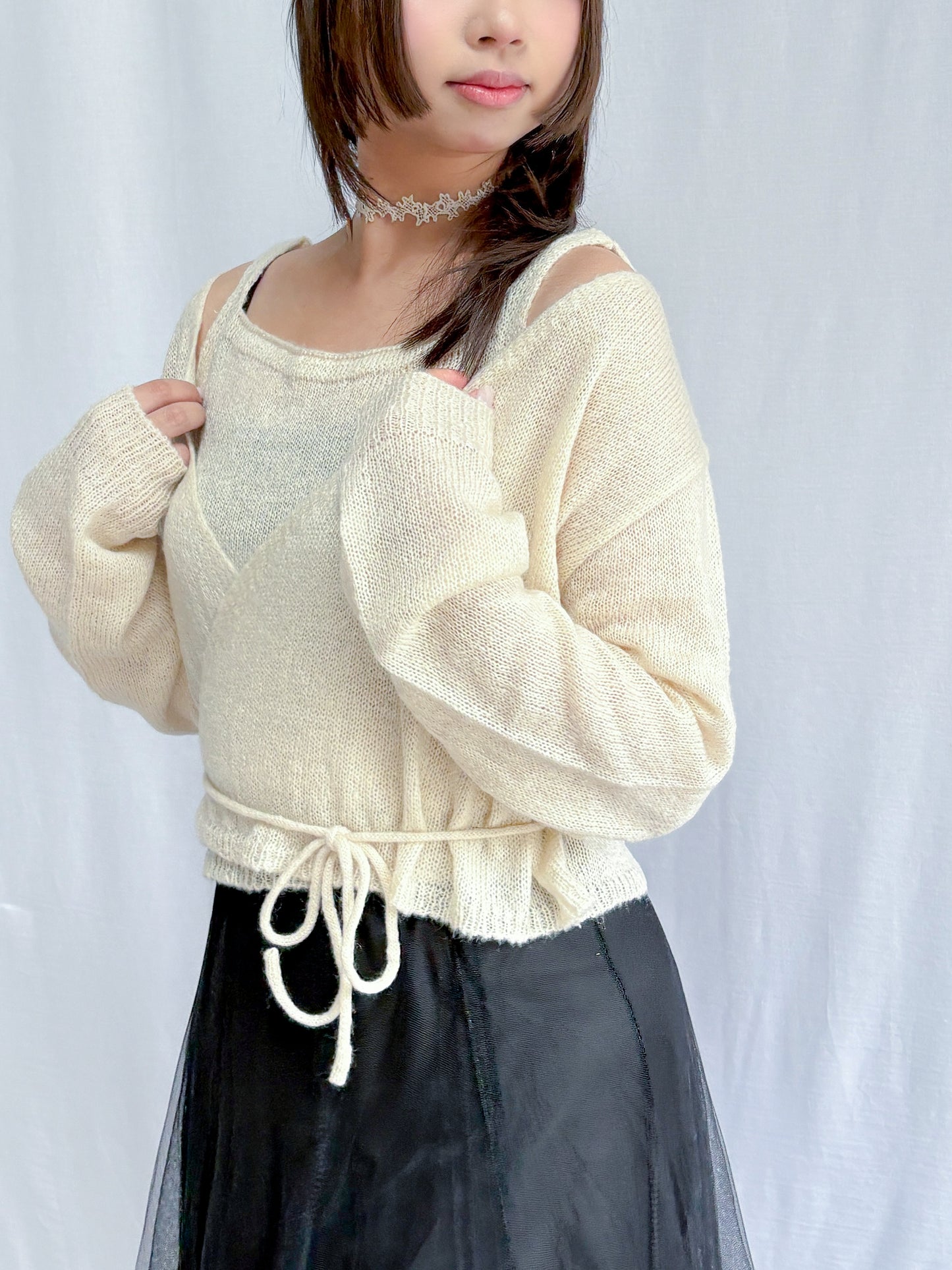 Knit Sleeveless Top and Cardigan Tie Set (Ivory)