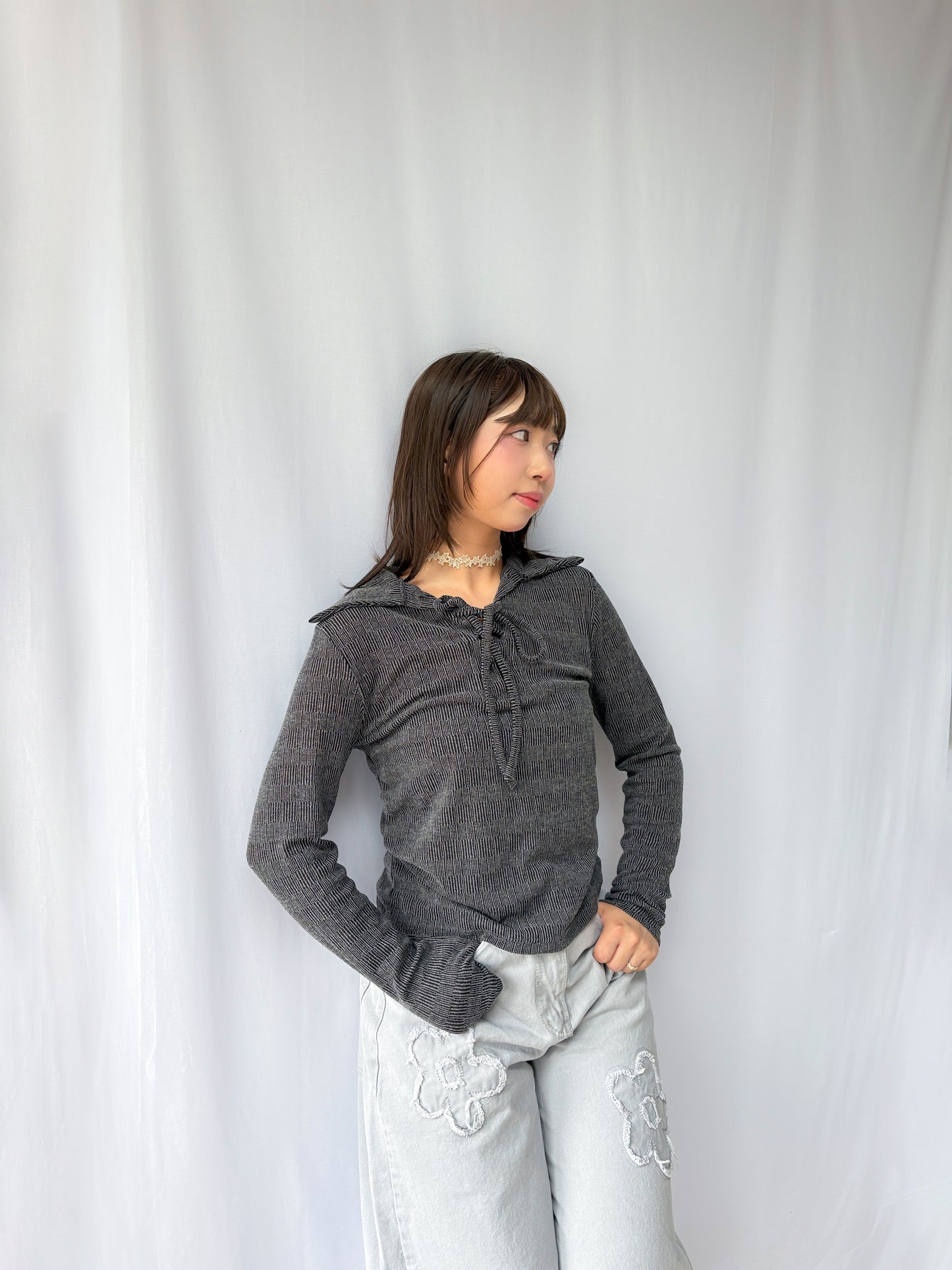 Collar Vintage Lace Up T-shirt (Black)