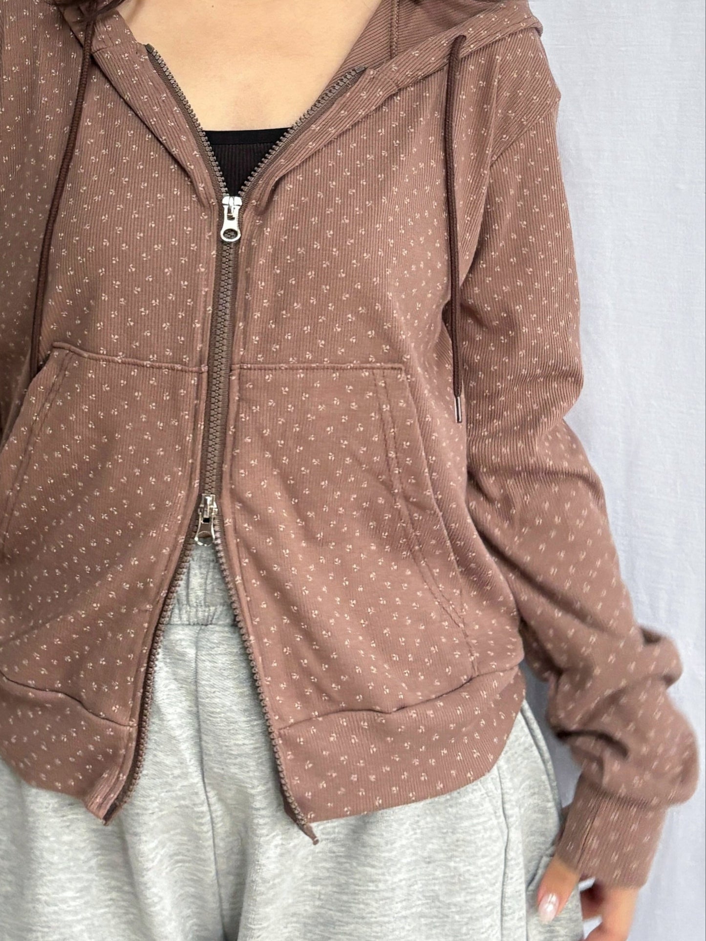 Floral Pattern Hooded Two Way Zip-up Jacket (Brown)