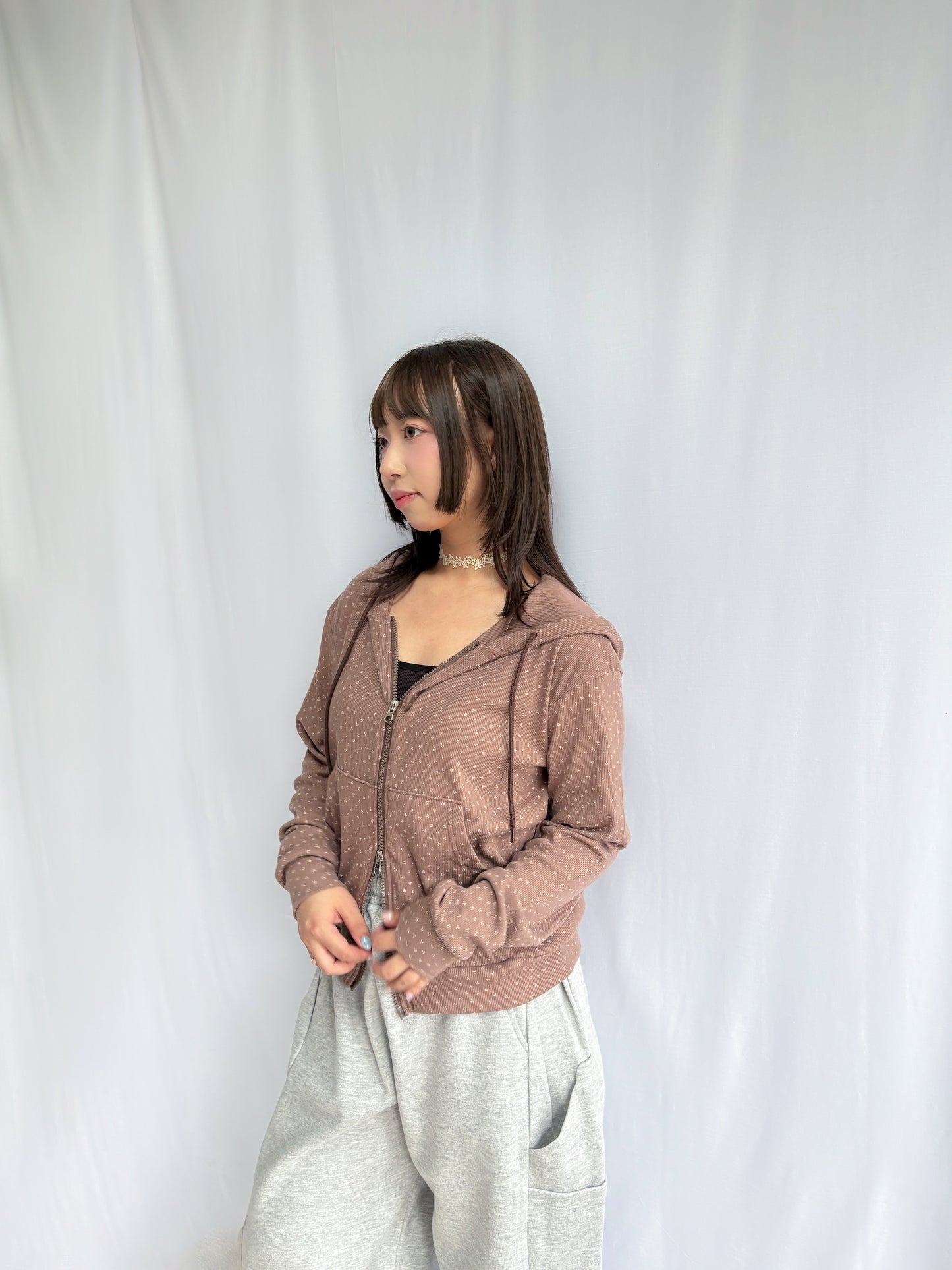 Floral Pattern Hooded Two Way Zip-up Jacket (Brown)