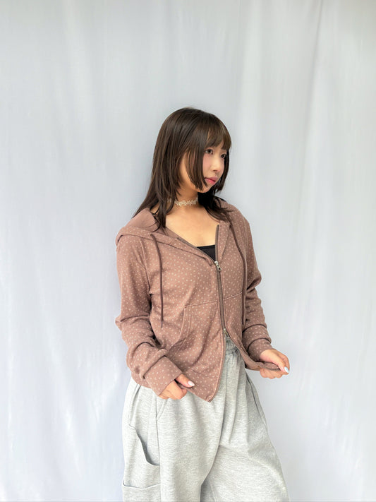 Floral Pattern Hooded Two Way Zip-up Jacket (Brown)