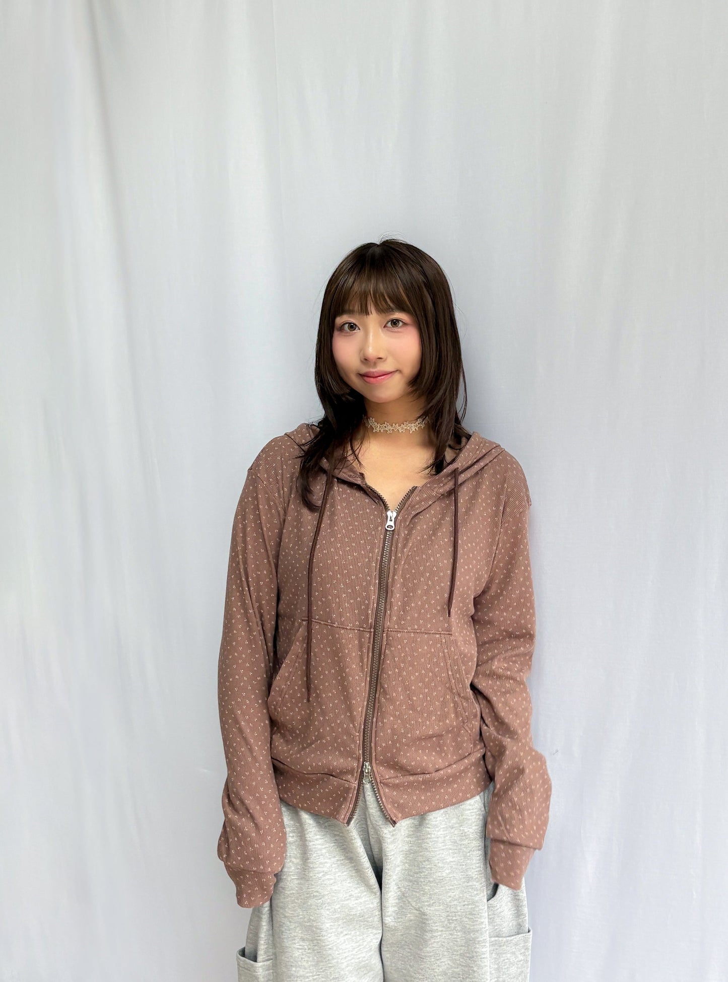 Floral Pattern Hooded Two Way Zip-up Jacket (Brown)