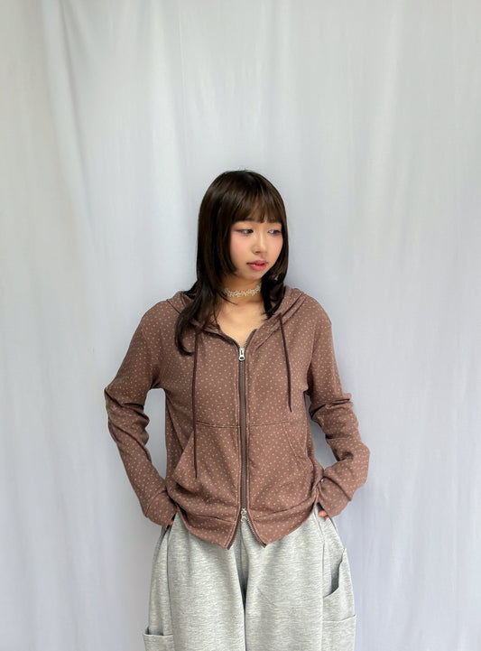 Floral Pattern Hooded Two Way Zip-up Jacket (Brown)